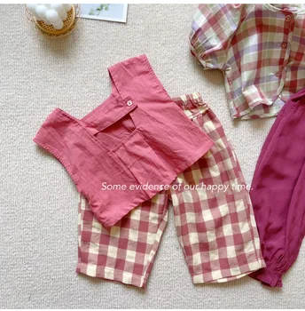 Комплекты одежды для маленьких девочек 2023 г., однотонные жилетки + клетчатые брюки, комплект из двух предметов, повседневная одежда для младенцев, детская одежда