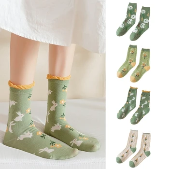 Женские хлопчатобумажные Эластичные повседневные носки для экипажа в японском стиле, сладкие носки с рюшами и цветочным принтом в средней трубочке, носки с оборками